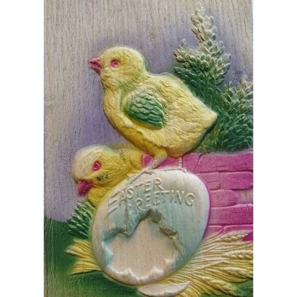 Vintage Easter Postcard Thick 3-D Raised Image Big Egg Two Chicks Pastel Unused - Picture 3 of 5